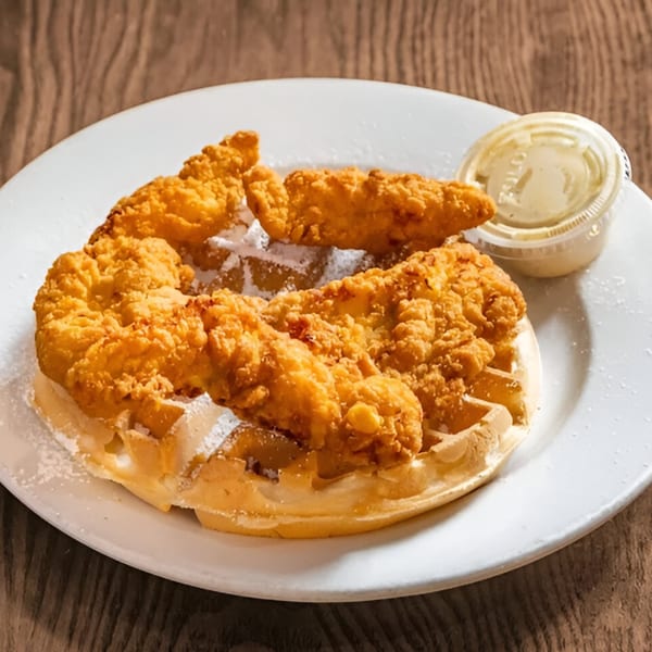 Golden fried chicken tenders on a waffle dusted with powdered sugar, with a side of sauce.
